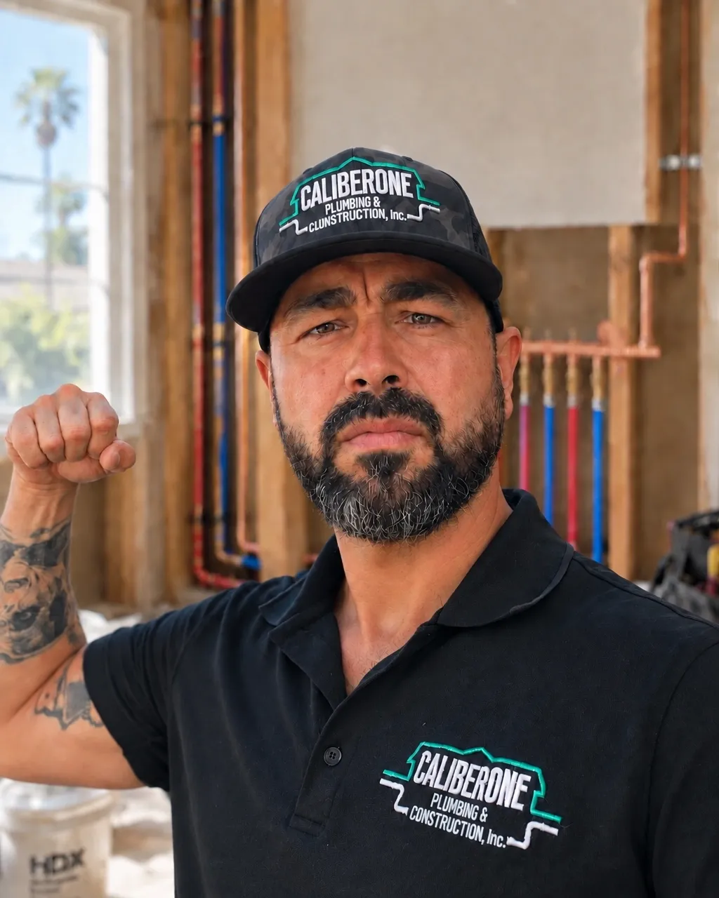 Caliber One technician on a job site with copper and PEX plumbing