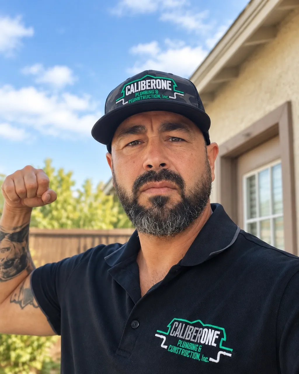 Caliber One technician in branded cap and polo ready for a Santa Ana plumbing job